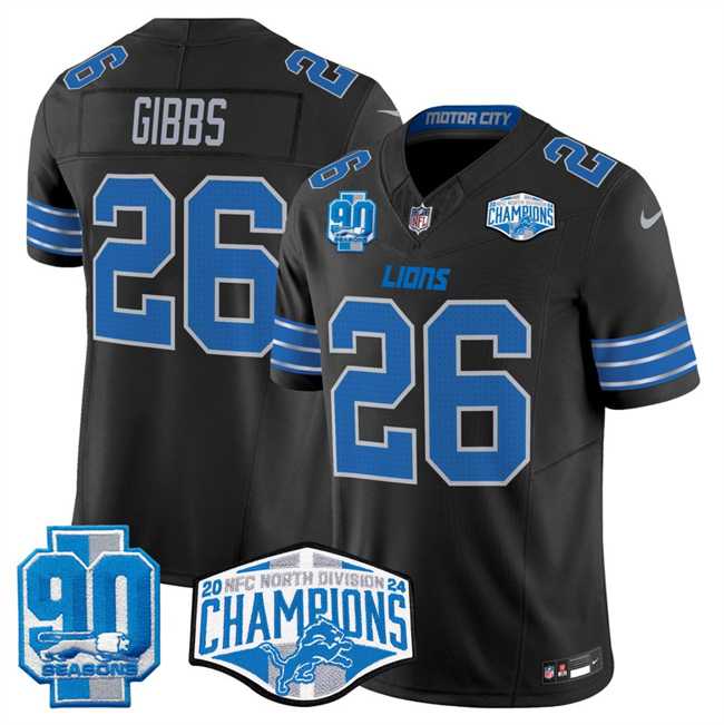 Men%27s Detroit Lions #26 Jahmyr Gibbs Black 2024 NFC North Champions 90th Anniversary Patch F.U.S.E. Vapor Limited Stitched Jersey->detroit lions->NFL Jersey